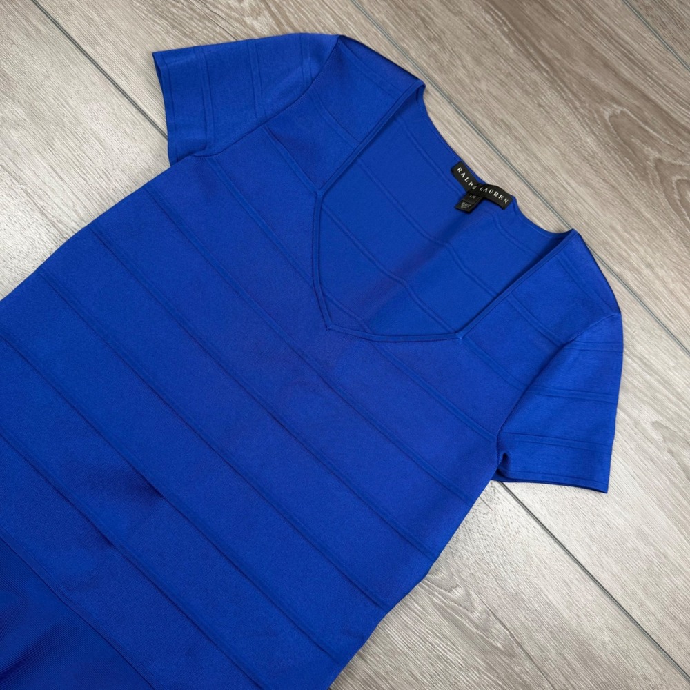 Ralph Lauren Women Dress Bandage Knit Short Sleeve V-Neck Blue L/G